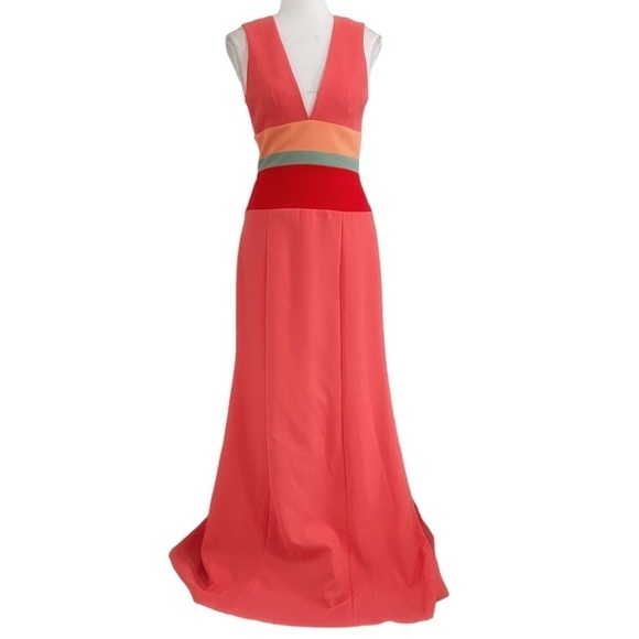 NWT BCBGMAXAZRIA LIZETTE CORAL COLORFUL STRIPES V-NECK SLEEVELESS MAXI DRESS - 2 - Picture 2 of 10